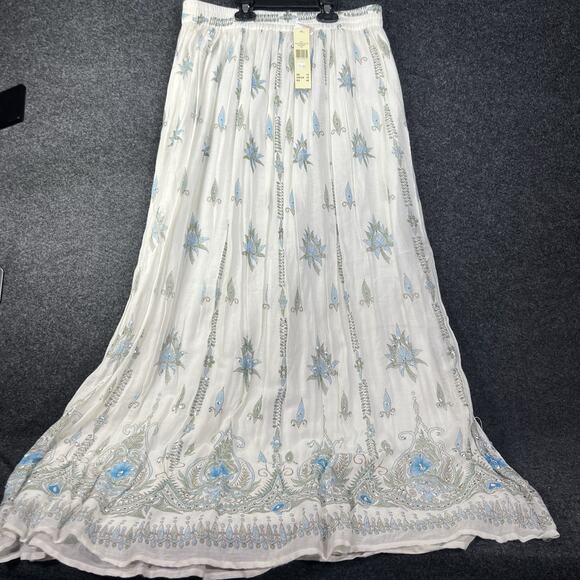 Long Tall Sally Maxi Skirt UK 10 US 14 White Blue Floral Layered Pleated Long - Picture 1 of 6
